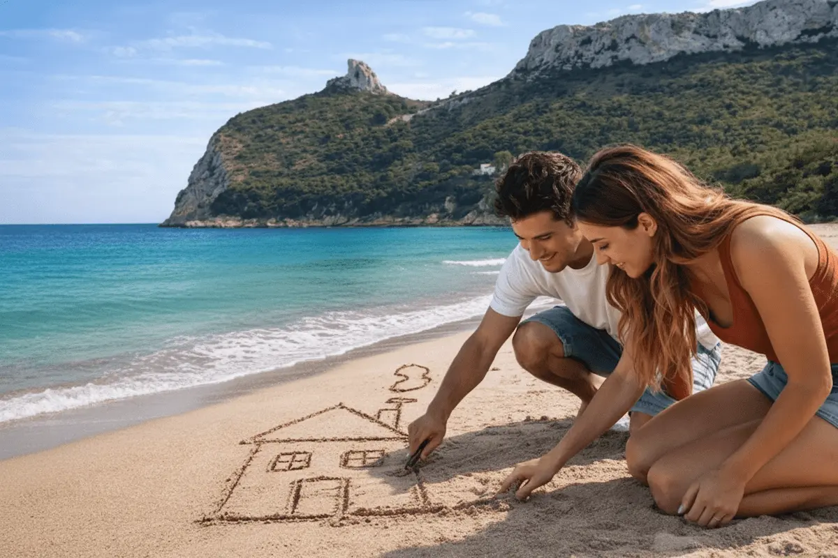 Coppia disegna una casa nella sabbia del Poetto a Cagliari - Mutuo Regionale Agevolato